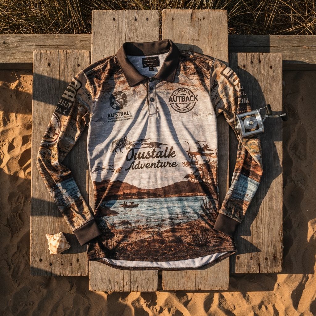Lost N Salty coastal long sleeve shirt and outdoor accessories displayed on weathered timber with fishing gear